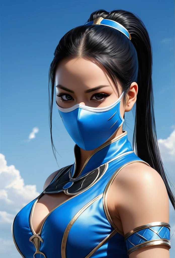 /imagine prompt: Kitana game Mortal Kombat::3, wearing a blue leotard, mouth mask, black eyes, long black hair, ponytail, alone, sun, blue sky, extremely detailed and beautiful, with fans in her hands with knives in them tips :: --quality .5 8K, best quality, Artwork, illustration, extremely delicate and beautiful, Very detailed, CG, wallpaper, (real, photo-real: 1.37), incredible, science fiction, exquisite details , electroplated silver
best quality, realistic, photorealistic, (intricate details: 1,2), (delicate detailed), (cinematic light), clear line, sharp focus, realistic face, detailed face
Unity 8k wallpaper, ultra-high resolution, (photorealistic: 1.4), looking at the viewer