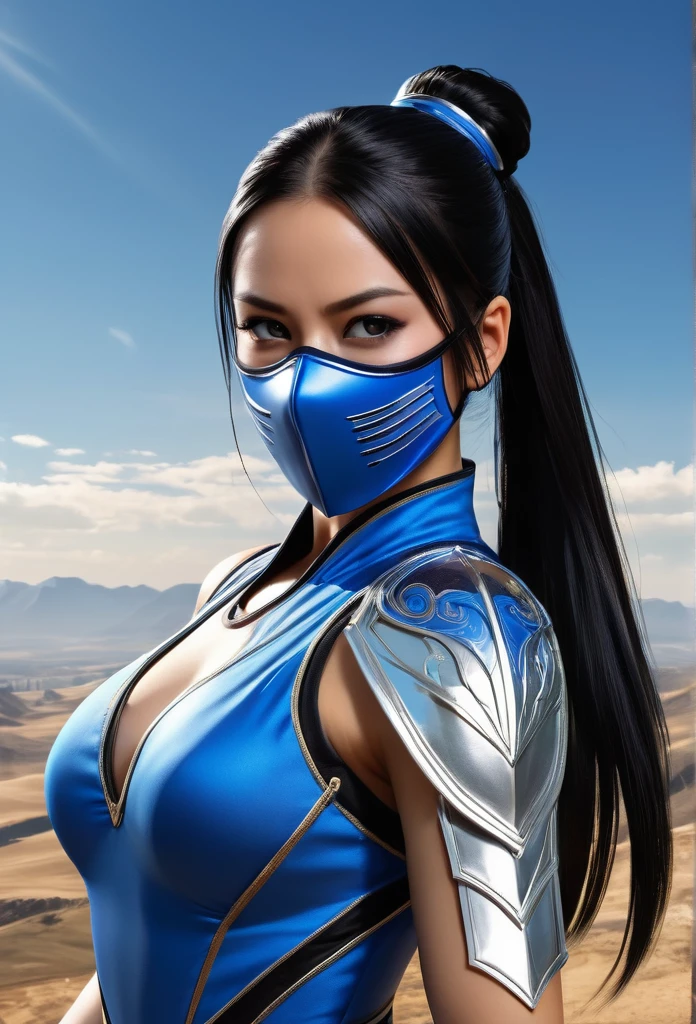 /imagine prompt: Kitana game Mortal Kombat::3, wearing a blue leotard, mouth mask, black eyes, long black hair, ponytail, alone, sun, blue sky, extremely detailed and beautiful, with fans in her hands with knives in them tips :: --quality .5 8K, best quality, Artwork, illustration, extremely delicate and beautiful, Very detailed, CG, wallpaper, (real, photo-real: 1.37), incredible, science fiction, exquisite details , electroplated silver
best quality, realistic, photorealistic, (intricate details: 1,2), (delicate detailed), (cinematic light), clear line, sharp focus, realistic face, detailed face
Unity 8k wallpaper, ultra-high resolution, (photorealistic: 1.4), looking at the viewer