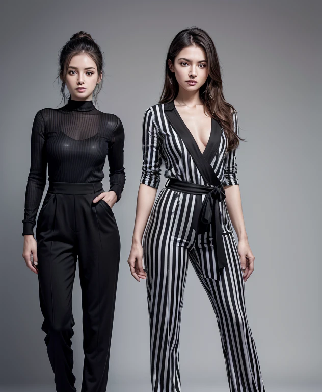 Create a promotional image of a black and white striped jumpsuit, made from viscolycra mesh. The jumpsuit is stylish and comfortable, perfect for different occasions. Highlight the stripes, the texture of the viscolycra mesh and the perfect fit to the body. Add a neutral background to make the jumpsuit stand out and include the text 'Viscolycra Striped Jumpsuit - Comfort and Elegance for all occasions!