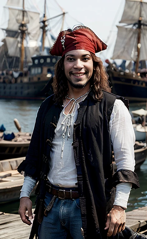 (Best Quality:1.3), Filming of movies, Masterpiece, (sharp focus:1.5), (natural:1.3), Medium portrait (a pirate with long wavy hair, sarcastic smile, Wearing pirate clothes and a parrot on the shoulder, on a boat at the helm., Give the scene an epic atmosphere, day, (highly refined leather), (detailed face), detailed background, daylight, volumetric lighting, intricate details, ultra high definition, 