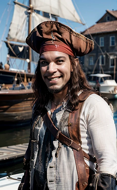 (Best Quality:1.3), Filming of movies, Masterpiece, (sharp focus:1.5), (natural:1.3), Medium portrait (a pirate with long wavy hair, sarcastic smile, Wearing pirate clothes and a parrot on the shoulder, on a boat at the helm., Give the scene an epic atmosphere, day, (highly refined leather), (detailed face), detailed background, daylight, volumetric lighting, intricate details, ultra high definition, 