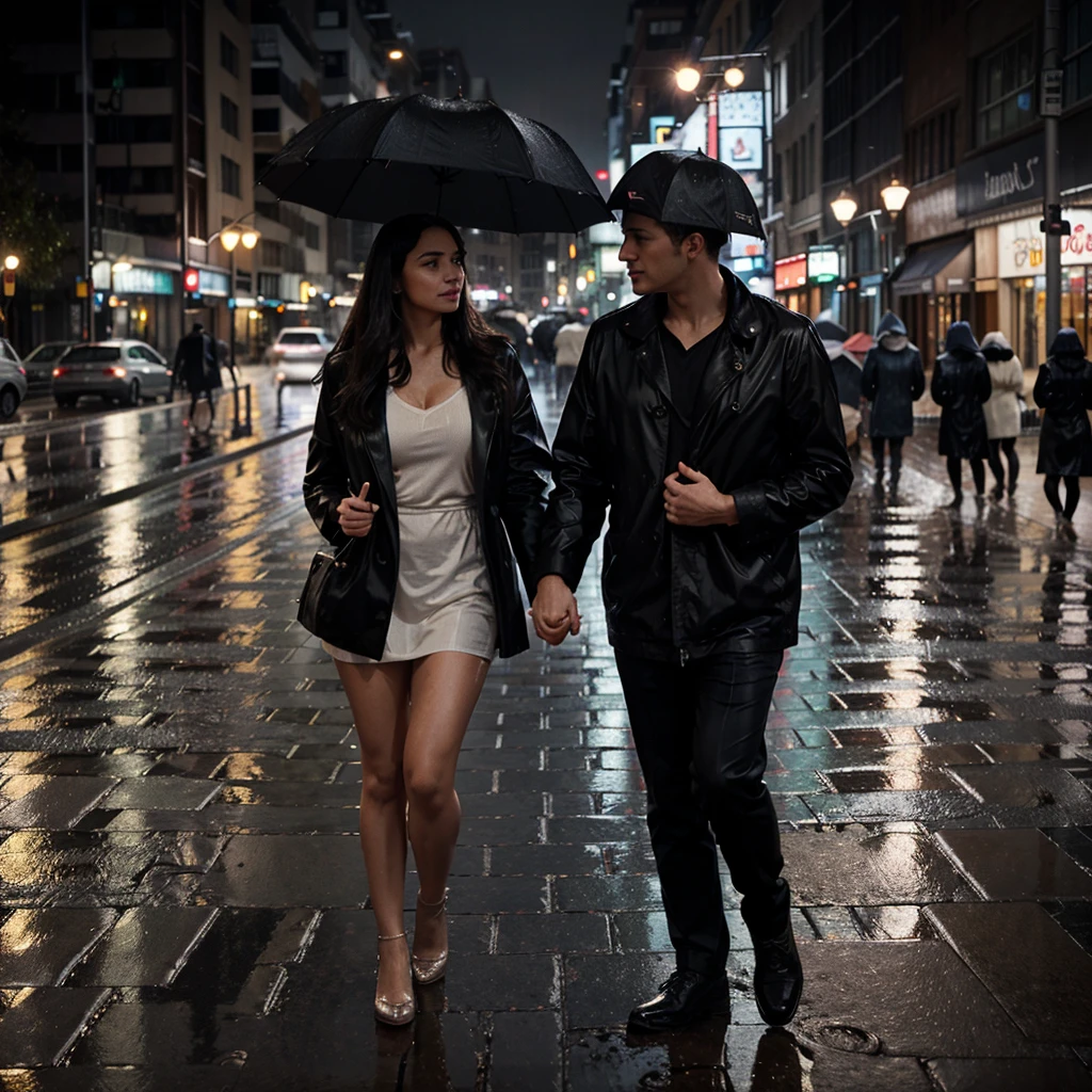 Beautiful married couple with an umbrella under heavy rain, warm rain, heavy rain artwork 8k full definition the couple is in a city on the street with few lights