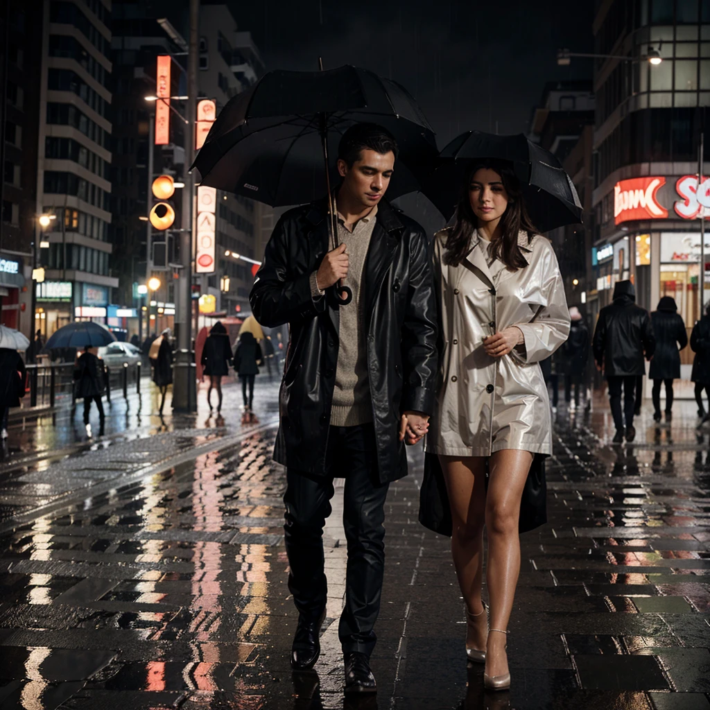 Beautiful married couple with an umbrella under heavy rain, warm rain, heavy rain artwork 8k full definition the couple is in a city on the street with few lights