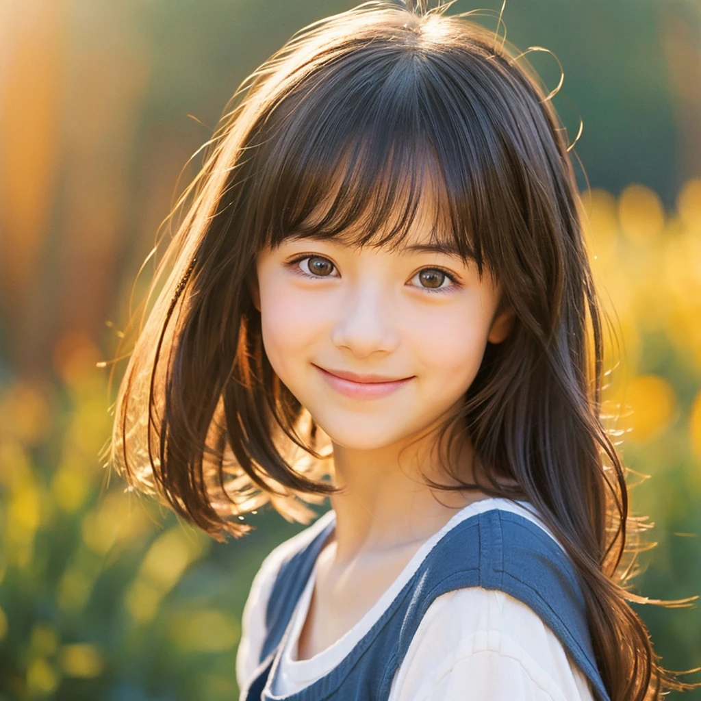 Create a portrait of a girl in the Ghibli style, Her expression should be soft and gentle, With a warm and kind smile. A combination of warm and cool colors is preferable for the background., Enhance a girl's hair. She should be wearing a blue lace dress with detailed embellishments., Adding elegance to her appearance. The overall atmosphere of the artwork is bright.、It should be attractive, Capture the girl's sweet and friendly demeanor. Draw the whole body"
