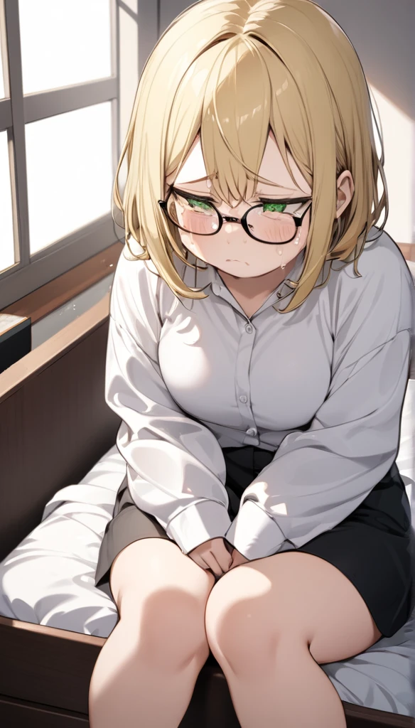 chubby girl, blonde, green eyes, medium length hair, open forehead, without bangs, glasses with black square frames
Tears, lots of tears, sad, sitting on the bed