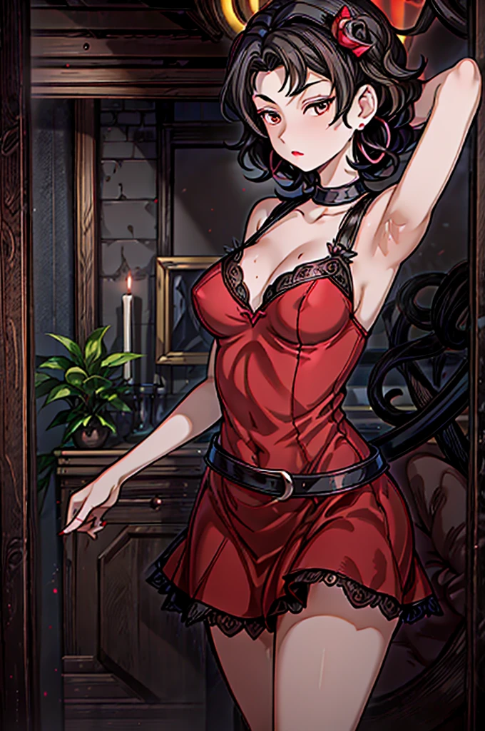 (8K HDR photorealistic pic), Betty Boop, short, althetic, curvy lady, ((tight little red dress)), dark eyebrows, black lipstick, (hoop earrings), dark eyeshadow, black lipstick, curvy, busty, (curly short black hair), shortstack, (retroussé breasts), darling figure, (supple pouting breasts), firm thighs, hourglass figure, kerchief, big brown eyes, dancing seductively