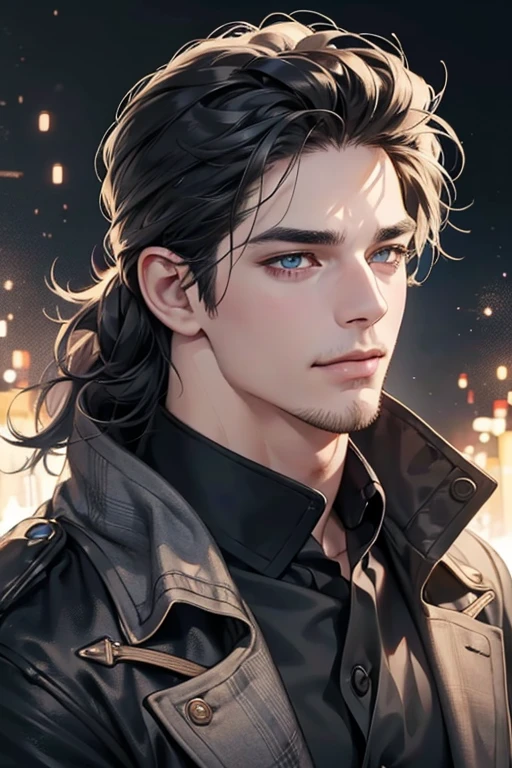 (best quality,4k,8k,highres,masterpiece:1.2),ultra-detailed,(realistic,photorealistic,photo-realistic:1.37),30 year old man,3 day beard,handsome anime,portraits,strong,masculine,dark hair,sharp jawline,mesmerizing eyes,perfectly styled hair,cool anime outfit,confident expression,vibrant colors,dynamic lighting, CEO and expression smile in love.