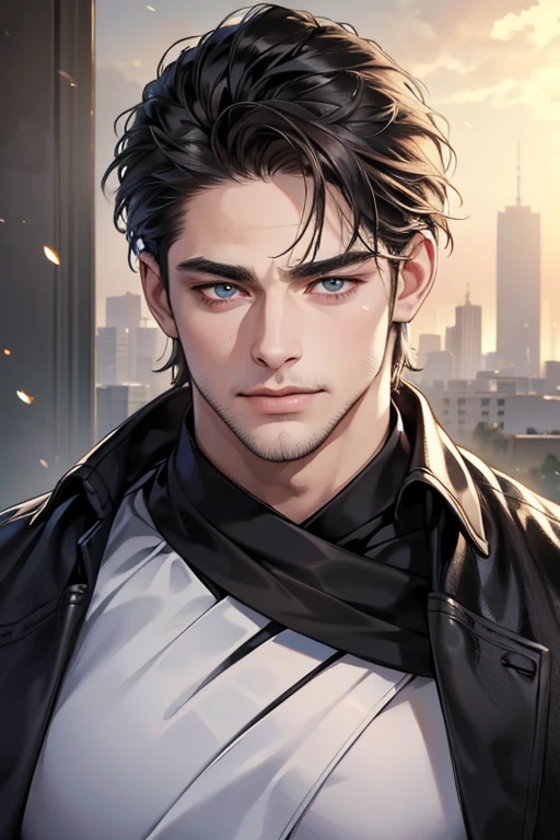 (best quality,4k,8k,highres,masterpiece:1.2),ultra-detailed,(realistic,photorealistic,photo-realistic:1.37),30 year old man,3 day beard,handsome anime,portraits,strong,masculine,dark hair,sharp jawline,mesmerizing eyes,perfectly styled hair,cool anime outfit,confident expression,vibrant colors,dynamic lighting, CEO and expression smile in love.
