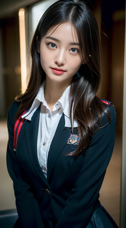 mix 4, (16k, Raw photo, best image quality, masterpiece: 1.45), (realistic, Photoreal: 1.37), tall girl, cute, cityscape,, professional lighting, photon mapping, school classroom, Physically based rendering, dark brown hair,ponytail hairstyle, well-groomed and beautiful eyes、((double eyelid))、super cute girl, (((school uniform、blazer、Long-sleeved shirts worn by Japanese high school girls、ribbon tie、dark blue mini skirt,、dark blue socks、black loafers))), highest quality photos, High resolution, 1080p, (clear face), (Detailed facial description), (detailed description of handasterpiece), (Detailed CG)、extreme light and shadow、messy hair、master work、Rich details、(detailed facial features)、(highest quality photoasseter muscle part)、(detailed eye)、look in front of you、thin clavicle、((slender and big))、(((Japanese female students wear jackets and long-sleeved shirts)))、((neat idol))、((school gate、schoolyard、With the school building in the background))、(Take photos from random viewpoints)、(((cute like an idol)))、earrings、big smile、Draw the whole body from the knees、Do not draw fine lines、(((Sports bags used by Japanese female students)))、(Big big breasts with big drooping:1.2)、big firm butt、two arms、two legs、(((from the front:0.7)))、bare hands、(((symmetrical eyes)))、standing pose、please put your hands on the desk、Do not remove the tie from the jacket、raise your butt:1.5，Raw sex:1.5，