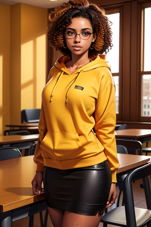 (best quality,4k,8k,highres,masterpiece:1.2),ultra-detailed,(realistic,photorealistic,photo-realistic:1.37), female 20 year old college student, tan-bronze skin with thin layer of freckles, long black hair with orange highlights, curly hair, amber colored eyes, (Wearing a yellow hoodie, black pencil skirt, glasses)