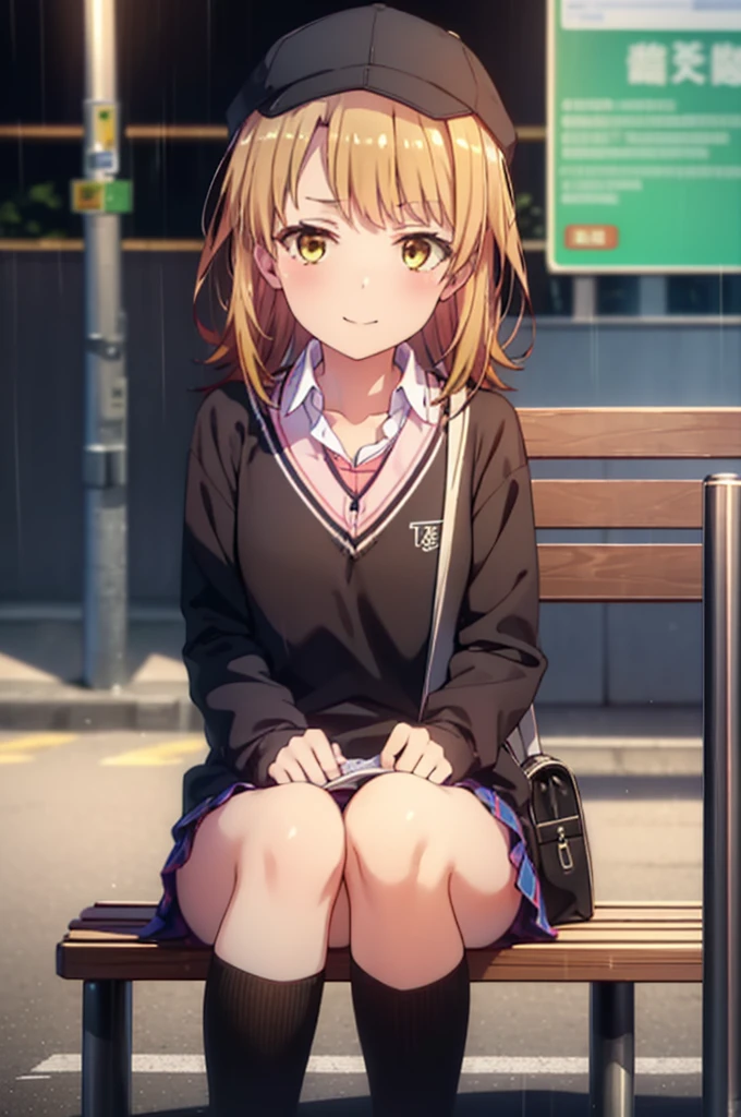 Irohaisshiki, isshiki iroha, Long Hair, Brown Hair, (Brown eyes:1.5), happy smile, smile, Close your mouth,blush,rain,night,Baseball hats,Pink oversized hoodie,V-neck shirt,mini skirt,Black pantyhose,short boots,Sitting on a bus stop bench、,Hidden in a covered building bus stop,whole bodyがイラストに入るように,
break outdoors, バス停
break looking at viewer,whole body,
break (masterpiece:1.2), Highest quality, High resolution, unity 8k wallpaper, (figure:0.8), (Beautiful attention to detail:1.6), Highly detailed face, Perfect lighting, Highly detailed CG, (Perfect hands, Perfect Anatomy),