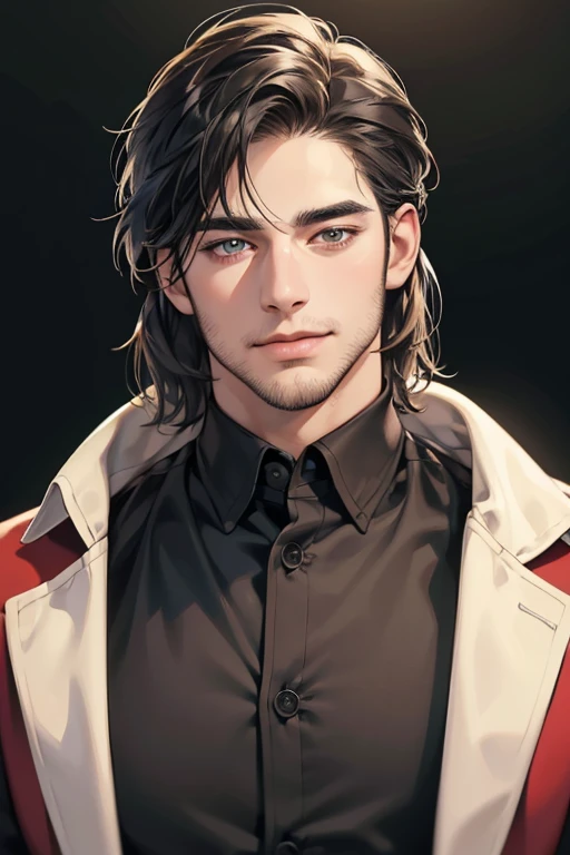 (best quality,4k,8k,highres,masterpiece:1.2),ultra-detailed,(realistic,photorealistic,photo-realistic:1.37),30 year old man,3 day beard,handsome anime,portraits,strong,masculine,dark hair,sharp jawline,mesmerizing eyes,perfectly styled hair,cool anime outfit,confident expression,vibrant colors,dynamic lighting, CEO and expression smile in love.