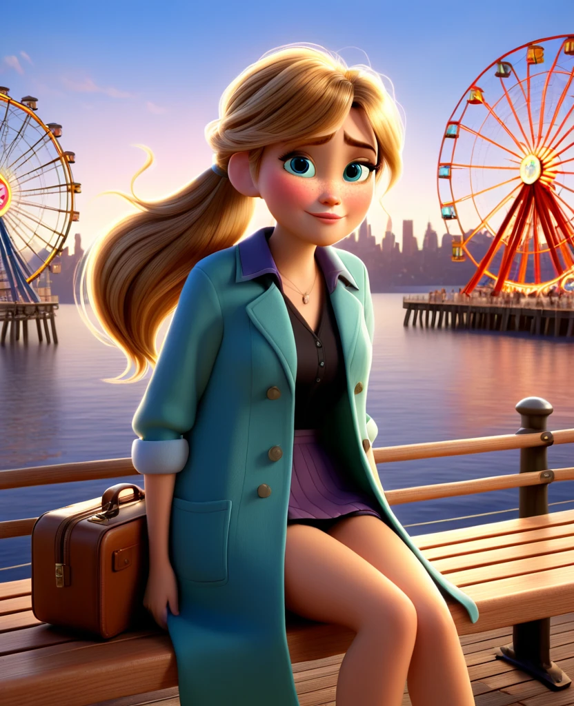 Pixar mom, attractive woman, super high details, erotic, looking at the camera,A blonde haired in a long ponytail sits on a wooden bench and stares into the distance. His outfit consists of a long brown coat, a blue collared shirt, and a brown suitcase hanging under his arm. The background features a Ferris wheel and a pier, with the New York skyline looming in the distance.