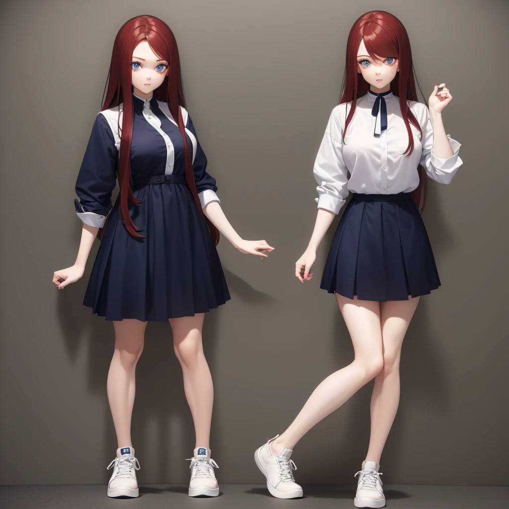 A beautiful girl with long dark red hair, with a lock of hair partially covering your eye, she has beautiful big dark blue eyes, wearing a long white shirt, a blue blouse, a black and white skirt, and a pair of simple white high-top sneakers, and a big blue earphone around her neck, she is really very beautiful