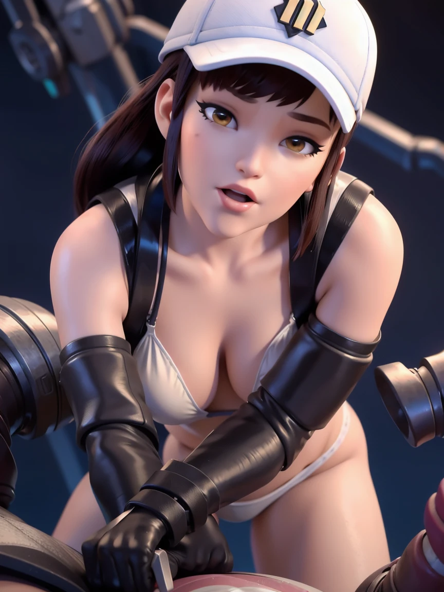 Masterpiece, Best Quality, High Resolution, 1Girl, Ultra High Resolution, Solo D.VA, Headphones, Pink eyes, Brown Hair, White Gloves, Face Decoration, Full Body Shot, Cute, Realistic, Cute Pose, Perfect Body, Cyber Punk background, wet street, Crop Top, Latex leggings, nsfw, cum, sexy, blowjob, nsfw, sucking penis, dildo, fellatio, (blowjob:1.4)