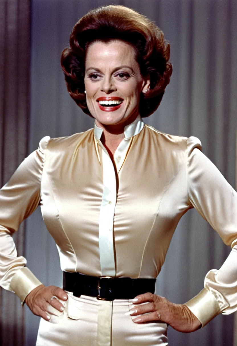 closeup shot in 1960, (muscular evil angry sigourney weaver showing closed teeth with flared nostrils and furrowed brows:1.5) in a (closed satin skintight silk buttondown band collar blouse with large shoulder-pads and extremely tight belt:1.6), tight hairbun, silk gloves, (widened eyes), (muscular arms), subtle evil stare with flared nostrils, large shoulder-pads, (evil laugh), skintight satin pants defining her body, uptight, popped collar, stiff posture