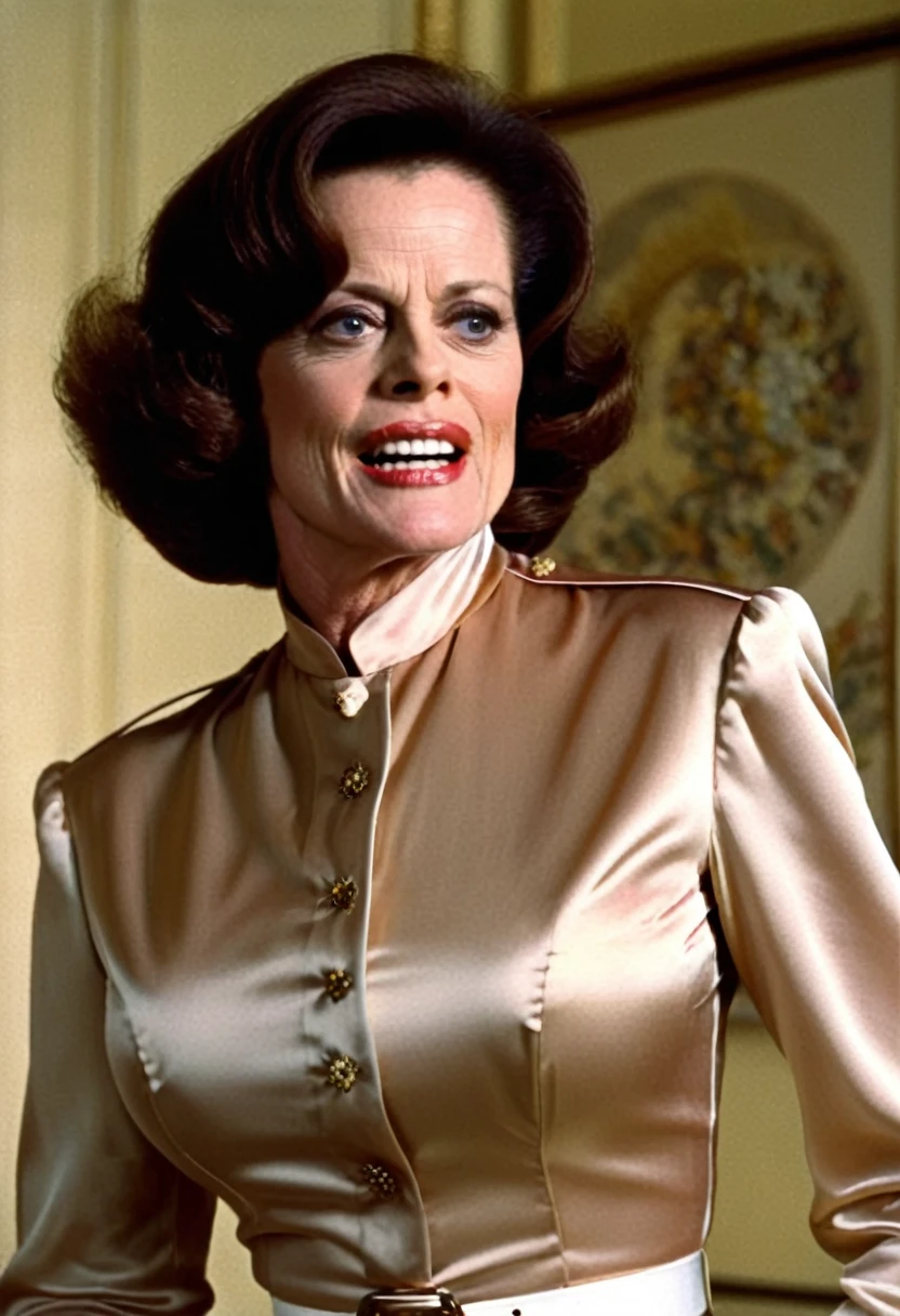 closeup shot in 1960, (muscular evil angry sigourney weaver showing closed teeth with flared nostrils and furrowed brows:1.5) in a (closed satin skintight silk buttondown band collar blouse with large shoulder-pads and extremely tight belt:1.6), tight hairbun, silk gloves, (widened eyes), (muscular arms), subtle evil stare with flared nostrils, large shoulder-pads, (evil laugh), skintight satin pants defining her body, uptight, popped collar, stiff posture
