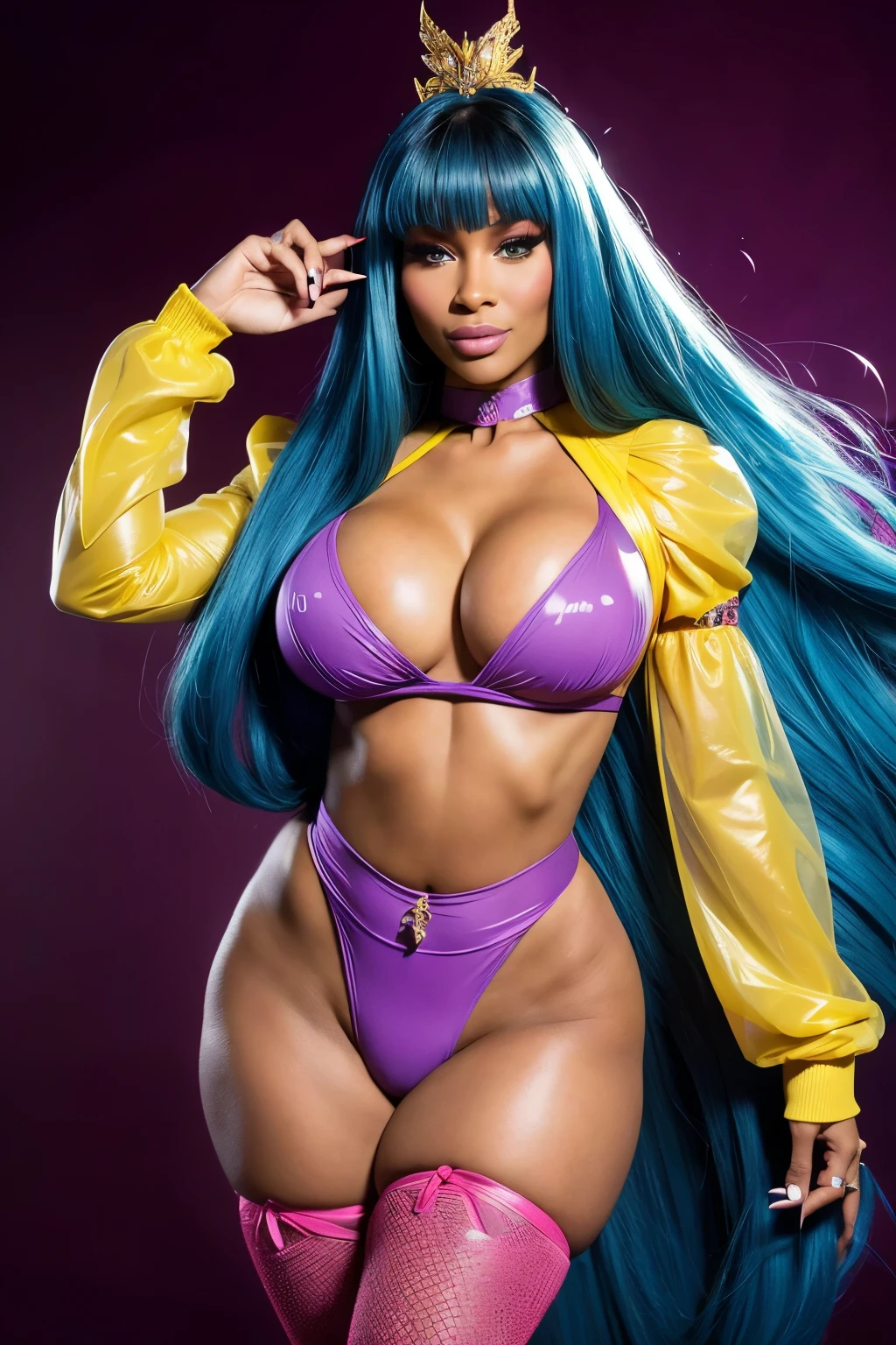 Objective: (Stunning, vibrant, and captivating portrayal of a pop culture icon reimagined as a comic book character)
Resolution: (Ultra photo-realistic resolution, 80 mm, 8k UHD, highres, sharp focus, extremely detailed, cinematic lighting, shot on Portra 120)
HyperAss Women, adorned with an abundance of bio-translucent neon orange, violet, and yellow inflatable parts, puffy sleeves, and intricate design elements. Blac Chyna transforms into Megan thee Stallion's Vixen from DC Comics, epitomizing a