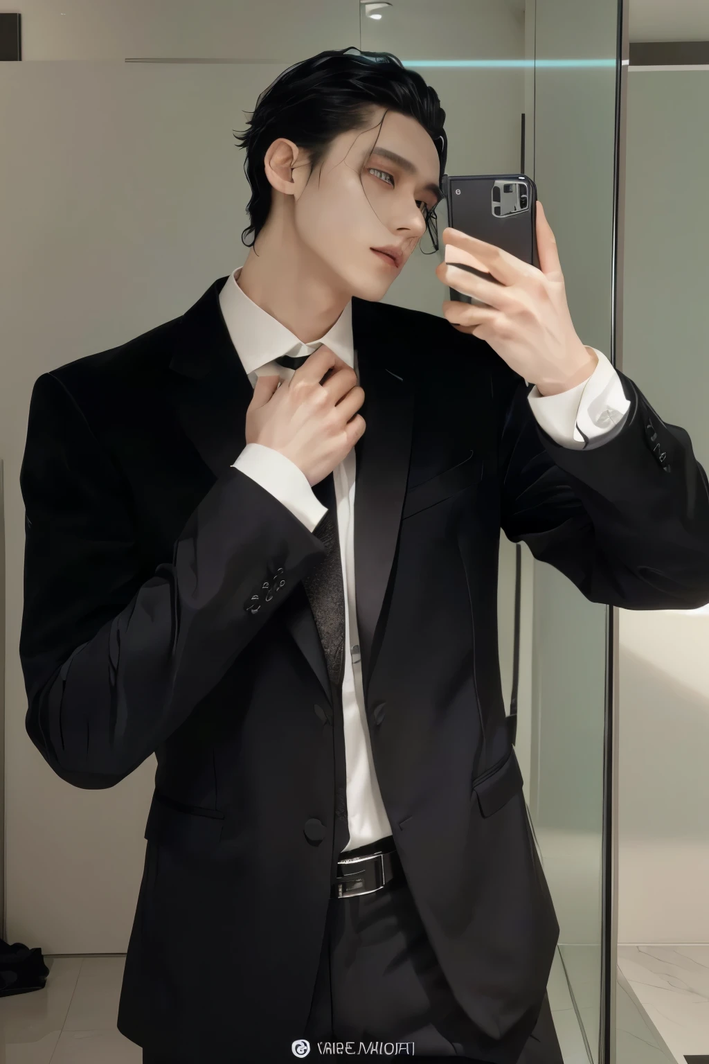 Arafed man in suit taking a selfie in a mirror, cai xukun, wearing a black suit, wearing a black noble suit, wearing black suit, he is wearing a suit, delicate androgynous prince, wearing causal black suits, vistiendo black suit, dark suit, in a black suit, wearing a suit, wearing suits!, black suit