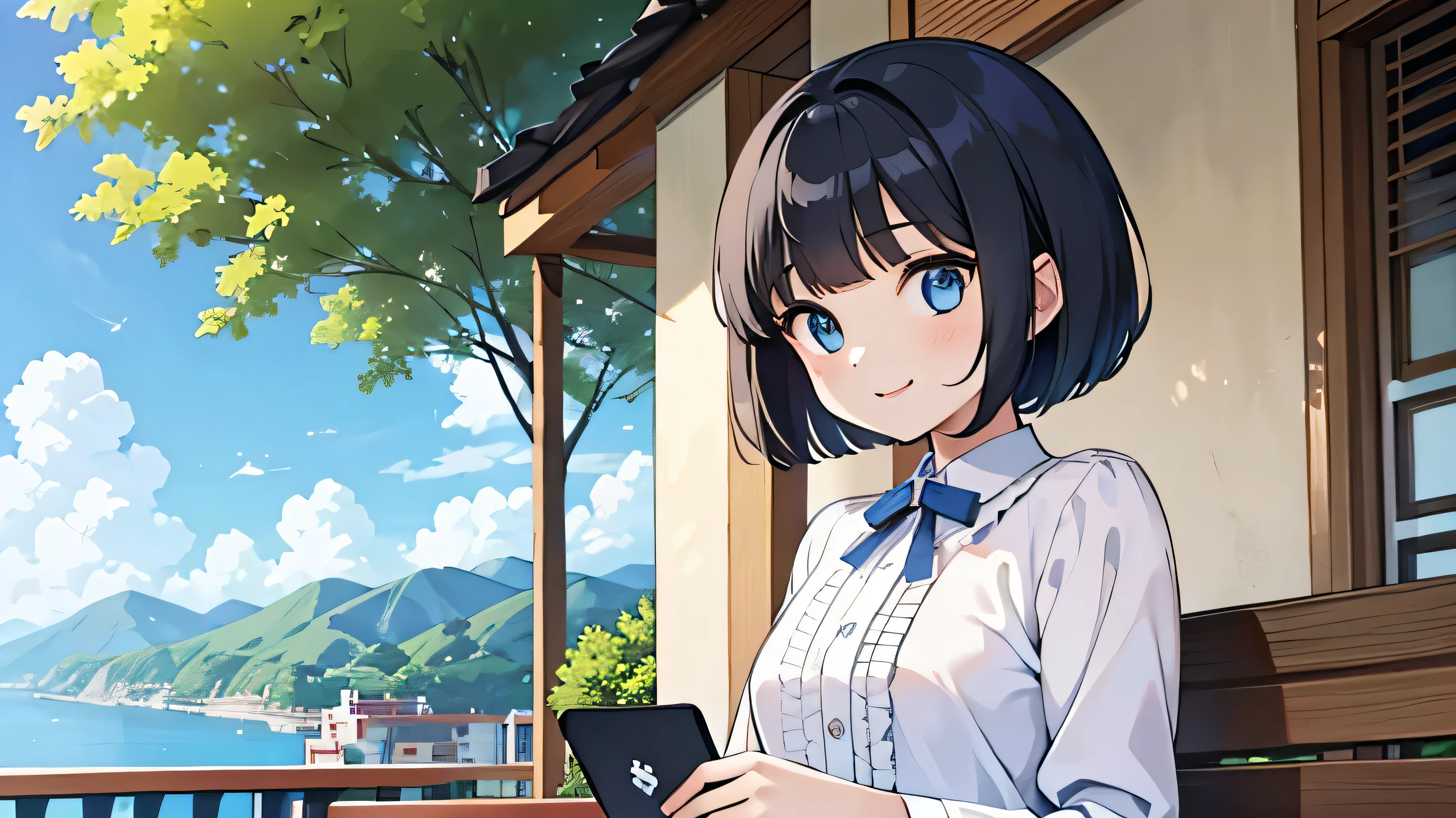 (1girl in),(beautiful blue eyes finely detailed、sitting straight up, Face to detail、masterpiece sidelighting、masterpiece、top-quality、detaileds、High resolution illustration),Woman using laptop on the open terrace of a fashionable café、18year old、OL、Everyday clothes、A smile、frontage、The upper part of the body、black hair、Short bob hair、The upper part of the body、