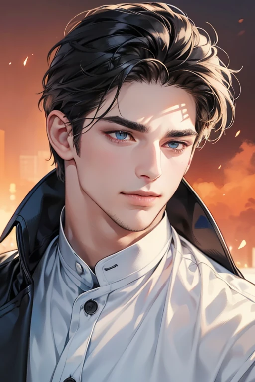 (best quality,4k,8k,highres,masterpiece:1.2),ultra-detailed,(realistic,photorealistic,photo-realistic:1.37),30 year old man,3 day beard,handsome anime,portraits,strong,masculine,dark hair,sharp jawline,mesmerizing eyes,perfectly styled hair,cool anime outfit,confident expression,vibrant colors,dynamic lighting, CEO and expression smile in love.