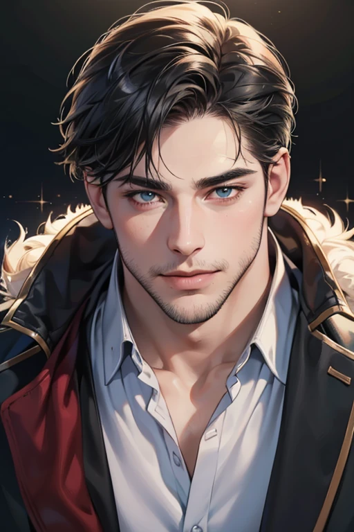 (best quality,4k,8k,highres,masterpiece:1.2),ultra-detailed,(realistic,photorealistic,photo-realistic:1.37),30 year old man,3 day beard,handsome anime,portraits,strong,masculine,dark hair,sharp jawline,mesmerizing eyes,perfectly styled hair,cool anime outfit,confident expression,vibrant colors,dynamic lighting, CEO and expression smile in love.
