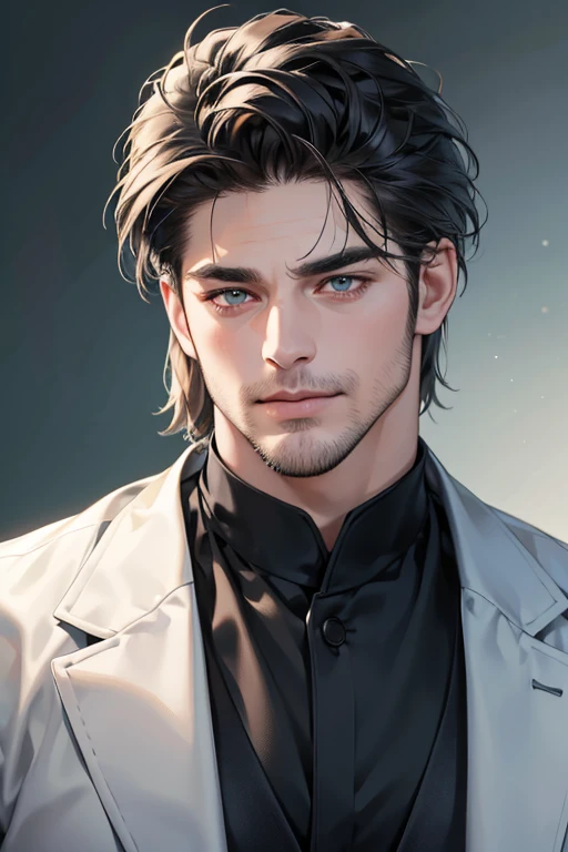 (best quality,4k,8k,highres,masterpiece:1.2),ultra-detailed,(realistic,photorealistic,photo-realistic:1.37),30 year old man,3 day beard,handsome anime,portraits,strong,masculine,dark hair,sharp jawline,mesmerizing eyes,perfectly styled hair,cool anime outfit,confident expression,vibrant colors,dynamic lighting, CEO and expression smile in love.