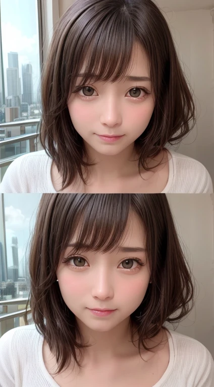A masterpie, beste Quality, 8K, absurdist, (upper-body:1.4), white shirts, beautyful girl, Clean face, looking at the viewers, Sorrisos, ultra realisic, a highres, pictures, sharp-focused, HDR, face lights, Dynamic lighting, Movie lighting, Professional Shadows, beautiful cityscape background, Supreme Details, extremely detaild, 超detailded, finelydetail, authentic skin, Delicate facial features, detailed face and eyes, Sharp pupils、Realistic pupils
