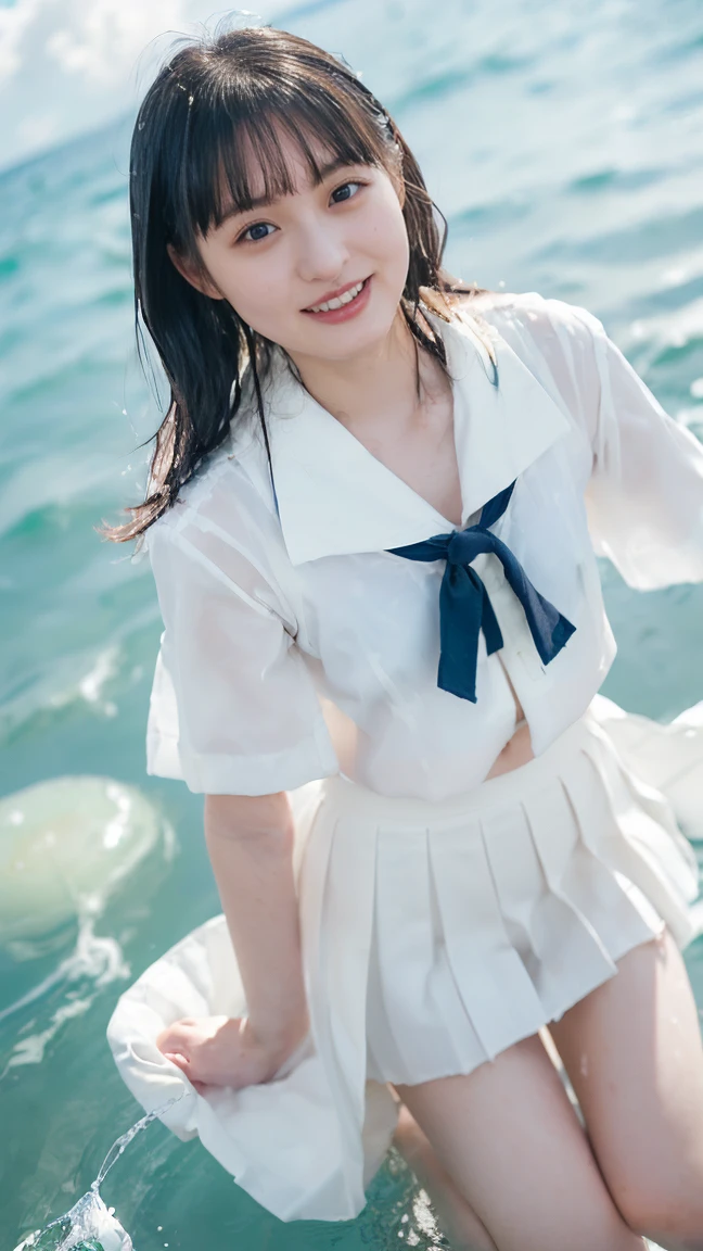 (nsfw:1.5),(((sunny day、Japanese 、beach、Strong winds are blowing、My hair and skirt are flying、Traditional navy blue sailor uniform、White blouse、Pleated skirt、Playing with seawater:1.25、Splash、Throwing water at the camera、smile、laughter、Sandy Beach、Light of the sun、clear blue sea、The waves gently crash、Blue sky with white clouds floating、Green Mountain々、Beautiful Nature、The joys of youth)))、(((Composition looking down from above:1.33)))、(((8k、highest quality、masterpiece、超A high resolution)))、(Realistic:1.4)、RAW Photos、(Real skin texture:1.3)、(Film Grain:1.3)、((No underwear、Bend one leg))、One Girl、Beautiful and detailed eyes and face、barefoot、