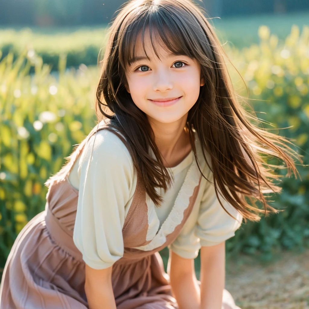 Create a portrait of a girl in the Ghibli style, Her expression should be soft and gentle, With a warm and kind smile. A combination of warm and cool colors is preferable for the background., Enhance a girl's hair. She should be wearing a blue lace dress with detailed embellishments., Adding elegance to her appearance. The overall atmosphere of the artwork is bright.、It should be attractive, Capture the girl's sweet and friendly demeanor. Draw the whole body"