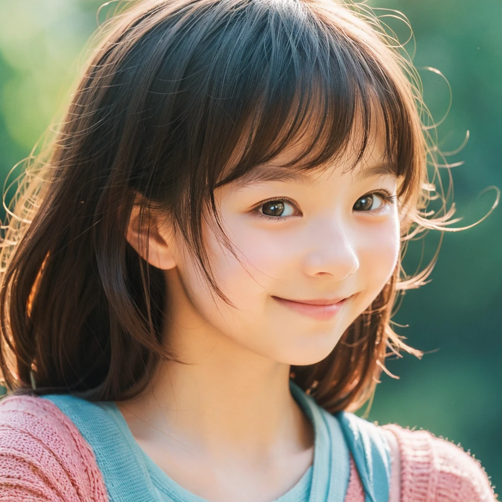 Create a portrait of a girl in the Ghibli style, Her expression should be soft and gentle, With a warm and kind smile. A combination of warm and cool colors is preferable for the background., Enhance a girl's hair. She should be wearing a blue lace dress with detailed embellishments., Adding elegance to her appearance. The overall atmosphere of the artwork is bright.、It should be attractive, Capture the girl's sweet and friendly demeanor. Draw the whole body"