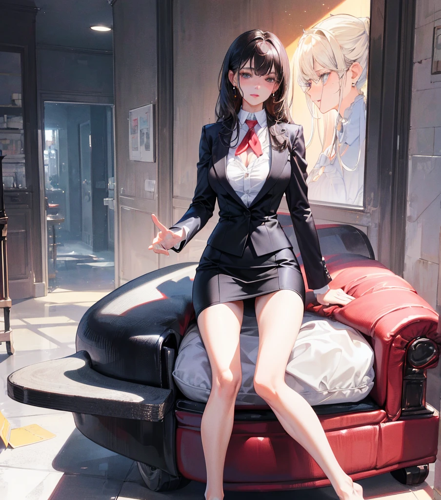 ((((absurdres, RAW photo, extremely delicate and beautiful, masterpiece, Best Quality, ultra high resolution, 32k, hyperrealistic, ultra-detailed)))), in her 20s, very Slim body, narrow waist, very small head, very small face, delicate facial features, beautiful face, beautiful eyes, ((very huge round tits)), medium hair, black hair, wavy hair, tearful mole, earring, full body shot, business suit, pencil skirt, blazer, dress shirt, tie,