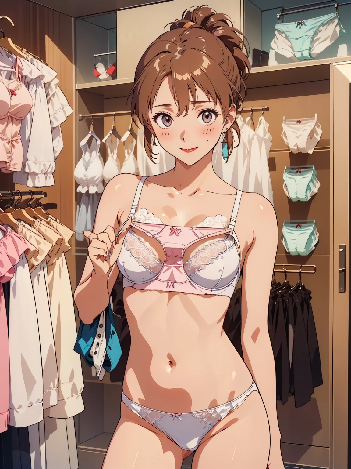 masterpiece, top quality, ultra detailed, ((((AIKA_SUMERAGI, folded ponytail, best ???????, in ?????????, (panties, elaborately designed luxury panties for adults, panties high definition images, draw panties with super precision), lace trimmed bras, extremely detailed texture, earrings, red lip, embarrassed, blush, smile)))), cowboy shot, (((????????? in ????????? store))), white skin, (presenting panties), ????????? store interior, display panties, (????????? section filled with many panties), (panties taken off)