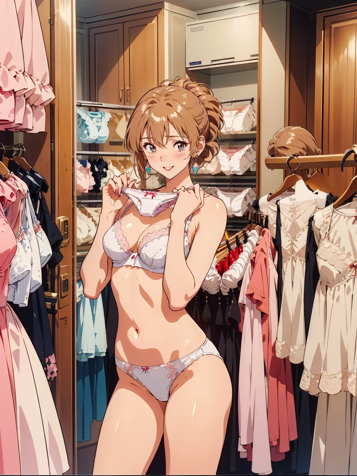 masterpiece, top quality, ultra detailed, ((((AIKA_SUMERAGI, folded ponytail, best ???????, in ?????????, (panties, elaborately designed luxury panties for adults, panties high definition images, draw panties with super precision), lace trimmed bras, extremely detailed texture, earrings, red lip, embarrassed, blush, smile)))), cowboy shot, (((????????? in ????????? store))), white skin, (presenting panties), ????????? store interior, display panties, (????????? section filled with many panties), (panties taken off)