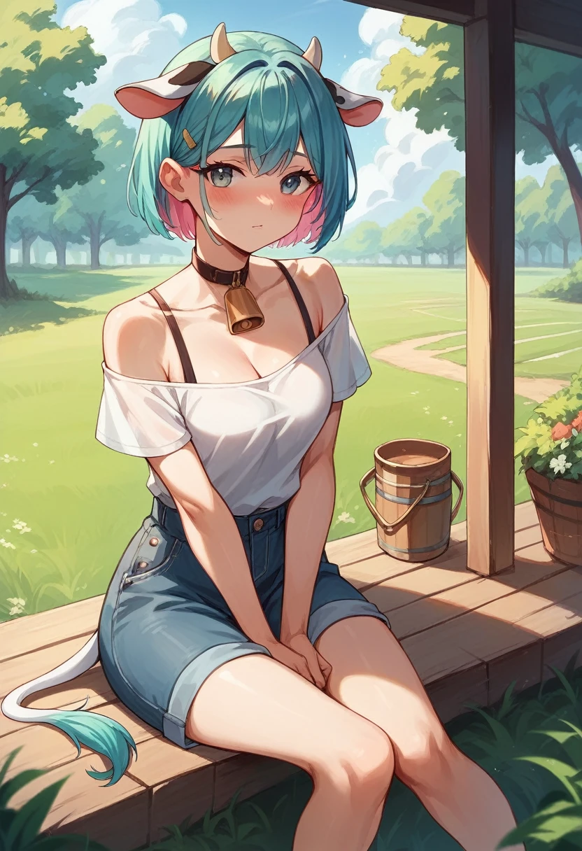 Masterpiece)), (Best Quality), (sitting) , (exterior), (cow girl), beautiful ager, blush, short shoulder length colored hair #FFFEF6 , with cow bikini, thin legs, Eyes color #47986C, showing her pussy or vagina