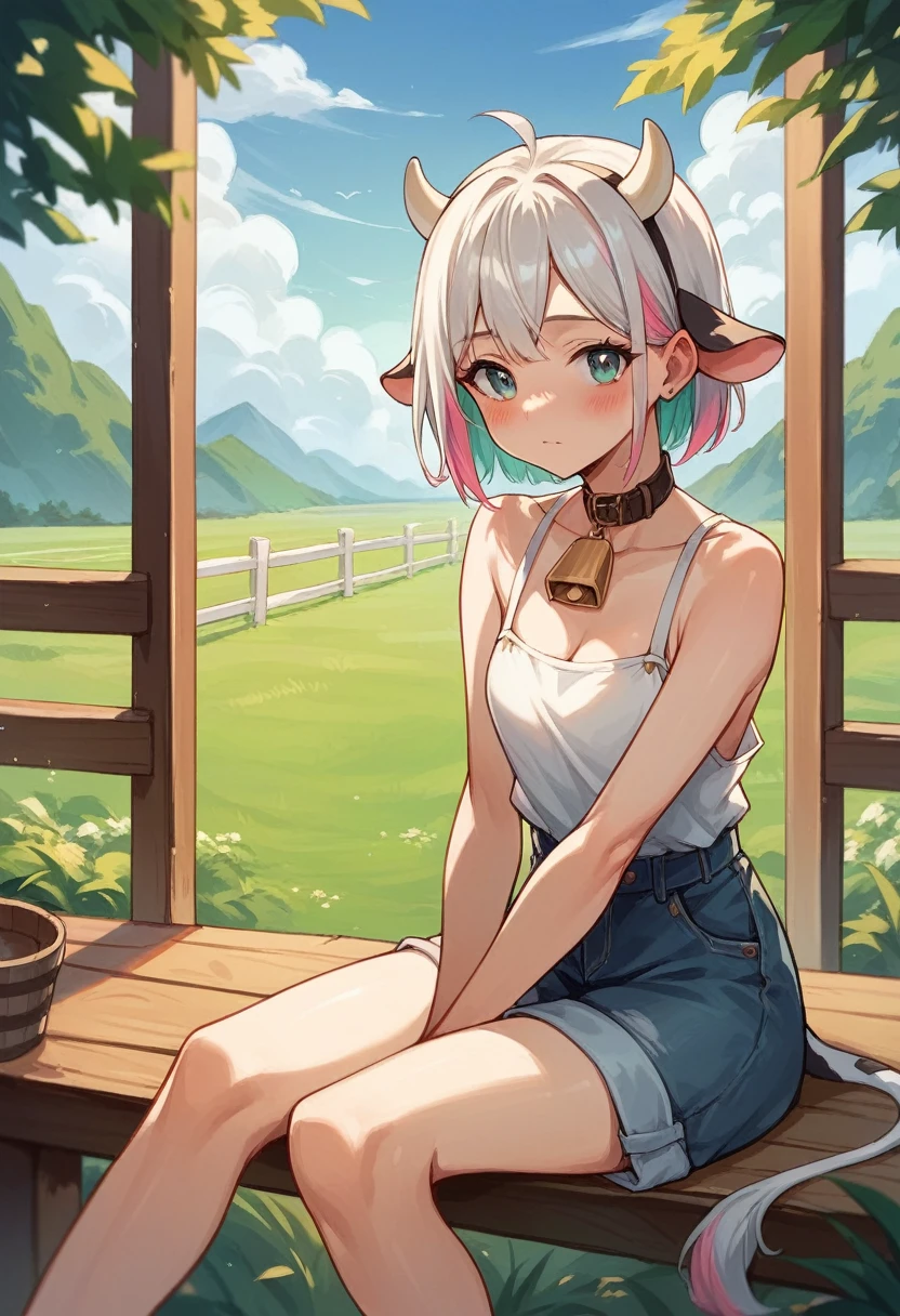 Masterpiece)), (Best Quality), (sitting) , (exterior), (cow girl), beautiful ager, blush, short shoulder length colored hair #FFFEF6 , with cow bikini, thin legs, Eyes color #47986C, showing her pussy or vagina