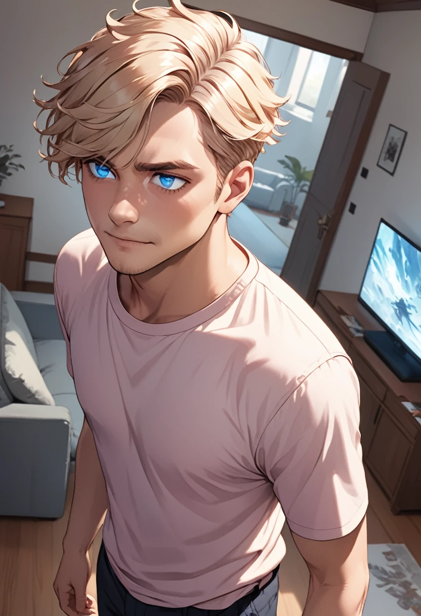 detailed illustration, dynamic angle, ultra-detailed, illustration, 1man, blue eyes, detailed eyes, short blonde hair, effeminate, light pink shirt, standing in living room, soft smile