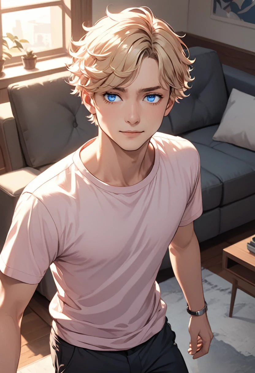 detailed illustration, dynamic angle, ultra-detailed, illustration, 1man, blue eyes, detailed eyes, short blonde hair, effeminate, light pink shirt, standing in living room, soft smile