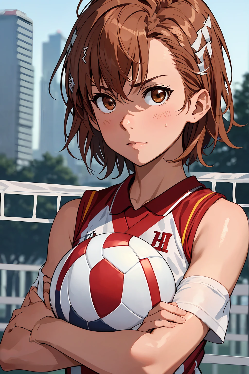 (Highest quality:1.5, High resolution, uhd, 4K, Detailed lighting, Shaders), ((Misaka Mikoto)) ,solo short hair　Brown Hair　Brown eyes　Cool face　　((Volleyball Uniforms))++　Realistic gym　 Sweat　Super oily skin　　Preparing for exercise　No ball　((No sleeve))　Cowboy Shot