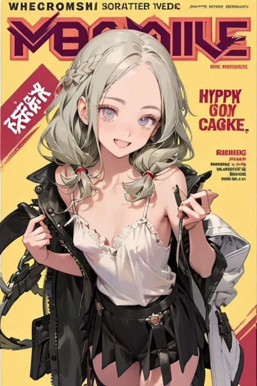 (small breasts:1.2), (perky chest:1.2), (pointed chest:1.2), (Pudding cake magazine cover:1.3),(from above:1.0),(shoot from the side:1.1),masterpiece, 1girl, Amazing Cleavage:1.1, thin waist, optimum,tmasterpiece,hight resolution,best qualtiy,hyper HD,super detailing,awardwinning,a 18yo cute girl,(The upper part of the body),anatomy correct,Beautiful Black miniskirt,garters,Gaze,Small face,bangss,holster,Beautuful Women,hands up,leg holster,Gaze,black boots,Cowboy Shot,cute face,a blond,Longhaire,Twin-tailed,Braids, Hairline,(scarlet eyes),long eyelasher,Hanging eye corners,White skin of the, ((see through camisole:1.1)), ((Sheer nipples:1.0)),Rocket Tits,(Slim body),smile,seductive weak smiling,(with sparkling eyes and a contagious smile),little open mouth, Looking at Viewer,