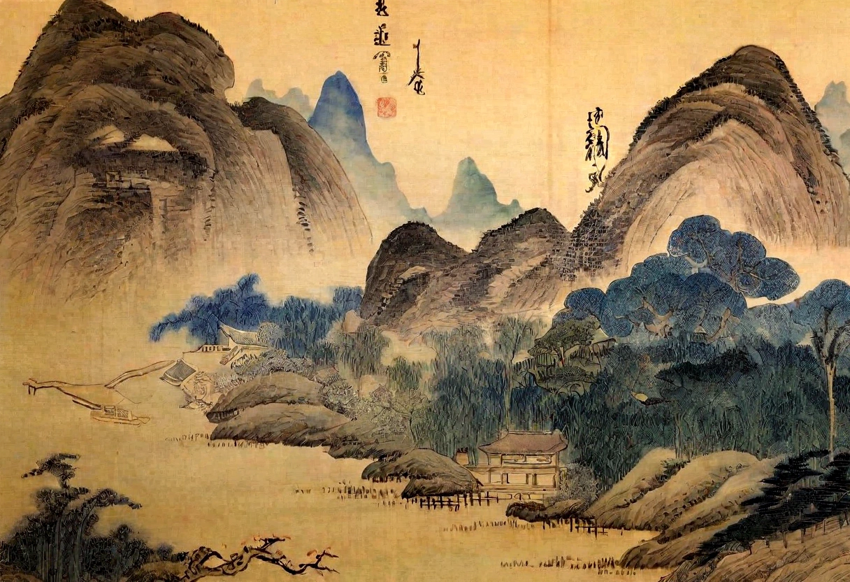 Arafud View,Mountain,River and Birds, Chinese landscape, Qing Dynasty painting, Inspired by Zhang Shunzi, author:Dondi, Chinese Art, Very sophisticated, Song, Qing Dynasty, Inspired by Mabuchi, author:Selangor Oriental, author:Dear Anne,, author:Wang Lu, author:Wang Fu