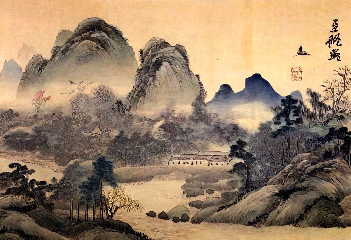 Arafud View，Mountain，River and Birds, Chinese landscape, Qing Dynasty painting, Inspired by Zhang Shunzi, author：Dondi, Chinese Art, Very sophisticated, Song, Qing Dynasty, Inspired by Mabuchi, author：Selangor Oriental, author：Dear Anne,, author：Wang Lu, author：Wang Fu