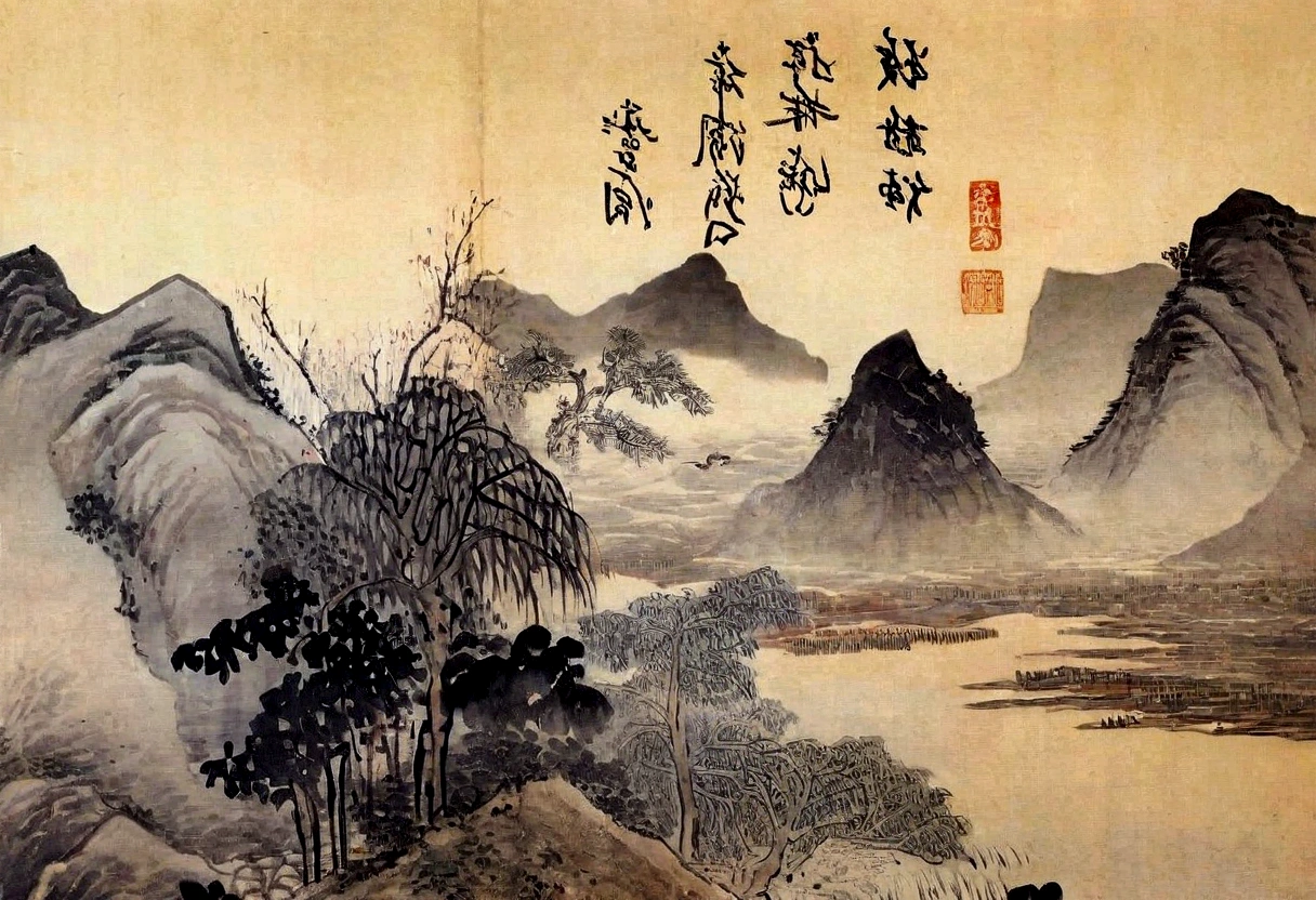 Arafud View,Mountain,River and Birds, Chinese landscape, Qing Dynasty painting, Inspired by Zhang Shunzi, author:Dondi, Chinese Art, Very sophisticated, Song, Qing Dynasty, Inspired by Mabuchi, author:Selangor Oriental, author:Dear Anne,, author:Wang Lu, author:Wang Fu