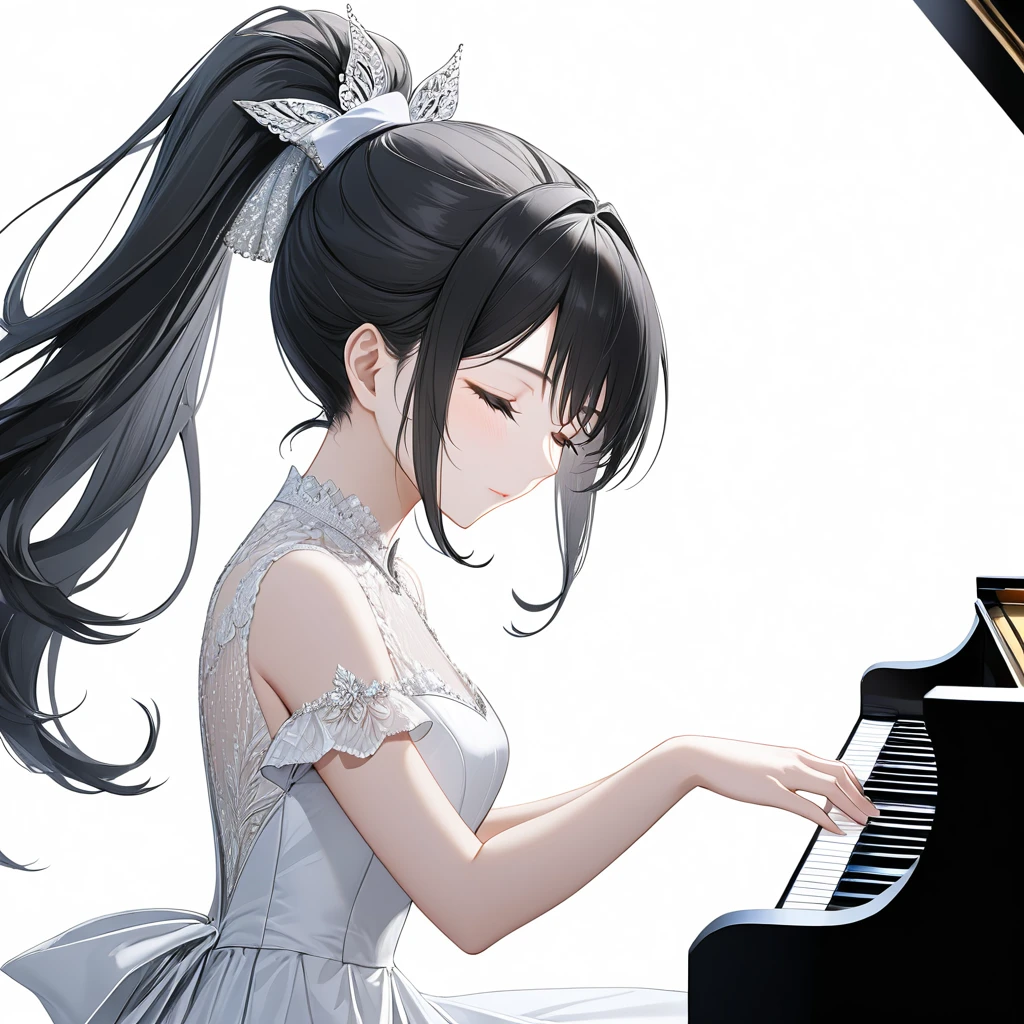 (((White background:1.5)))、(very wide shot)、(masterpiece、Ultra HD、Highest quality、Masterpiece、4K:1.2)、Slender body、Elegant pianist playing the piano、 Intricate details, Highly detailed fingers、Black hair ponytail、White elegant dress, Intricate details、(((close eyes:1.5)))
