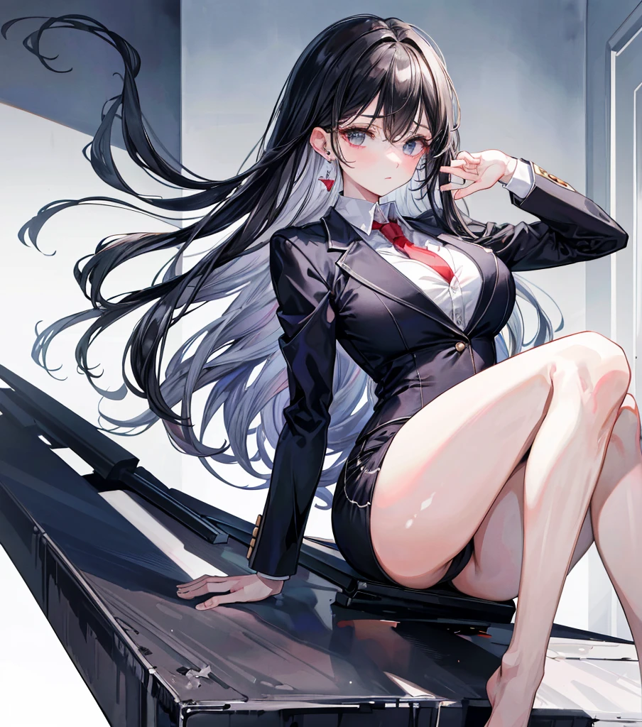 ((((absurdres, RAW photo, extremely delicate and beautiful, masterpiece, Best Quality, ultra high resolution, 32k, hyperrealistic, ultra-detailed)))), in her 20s, very Slim body, narrow waist, very small head, very small face, delicate facial features, beautiful face, beautiful eyes, ((very huge round tits)), medium hair, black hair, wavy hair, tearful mole, earring, full body shot, business suit, pencil skirt, blazer, dress shirt, tie,