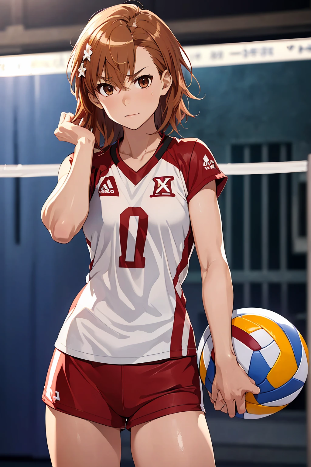 (Highest quality:1.5, High resolution, uhd, 4K, Detailed lighting, Shaders), ((Misaka Mikoto)) ,solo short hair Brown Hair Brown eyes Cool face ((Volleyball Uniforms))++ Realistic gym Sweat Super oily skin Preparing for exercise No ball ((No sleeve)) Cowboy Shot