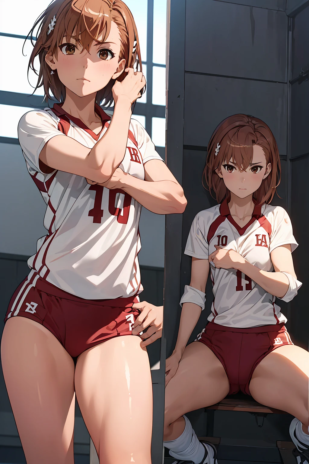 (Highest quality:1.5, High resolution, uhd, 4K, Detailed lighting, Shaders), ((Misaka Mikoto)) ,solo short hair　Brown Hair　Brown eyes　Cool face　　((Volleyball Uniforms))++　Realistic gym　 Sweat　Super oily skin　　Preparing for exercise　No ball　((No sleeve))　Cowboy Shot