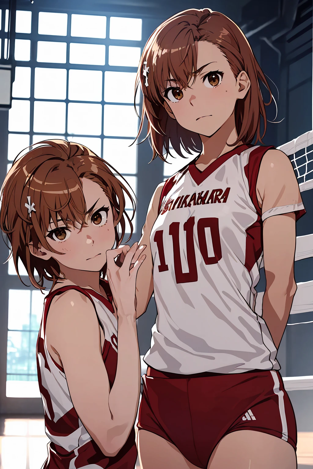 (Highest quality:1.5, High resolution, uhd, 4K, Detailed lighting, Shaders), ((Misaka Mikoto)) ,solo short hair Brown Hair Brown eyes Cool face ((Volleyball Uniforms))++ Realistic gym Sweat Super oily skin Preparing for exercise No ball ((No sleeve)) Cowboy shot Beautiful ass Side angle