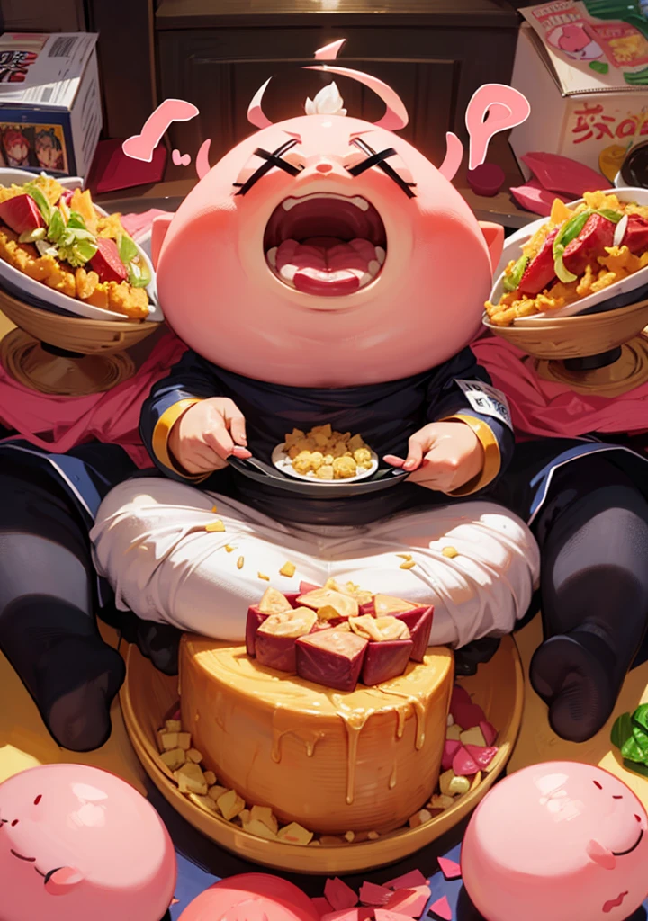 majin buu, fat buu, solo, open mouth, eating, lot of food, sitting, table, stuffing food in mouth, 