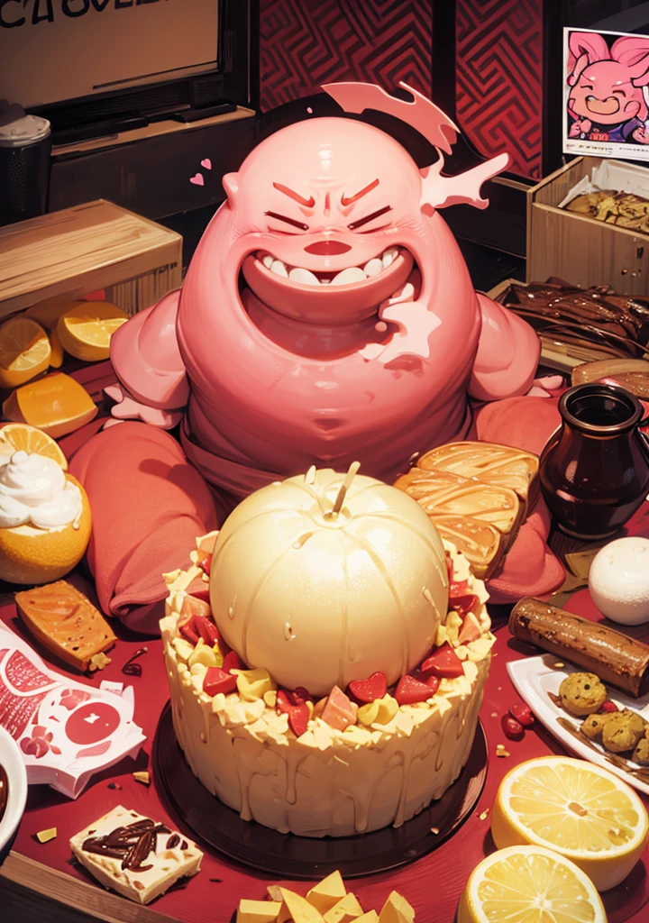 majin buu, fat buu, solo, open mouth, eating, lot of food, sitting, table, stuffing food in mouth,